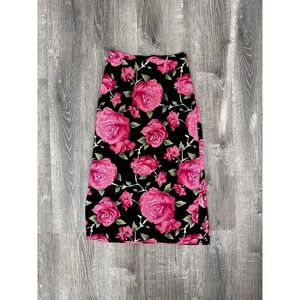 BRIGGS Vintage Y2K Floral Maxi Skirt L Black Pink Roses High Waist STRECH Waist